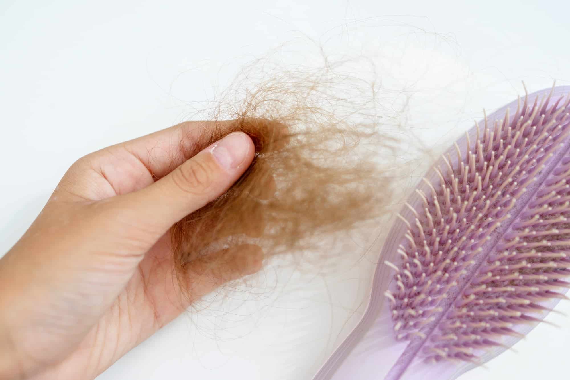 bunch of hair in the hand of a young woman after combing her hair, a problem with hair loss